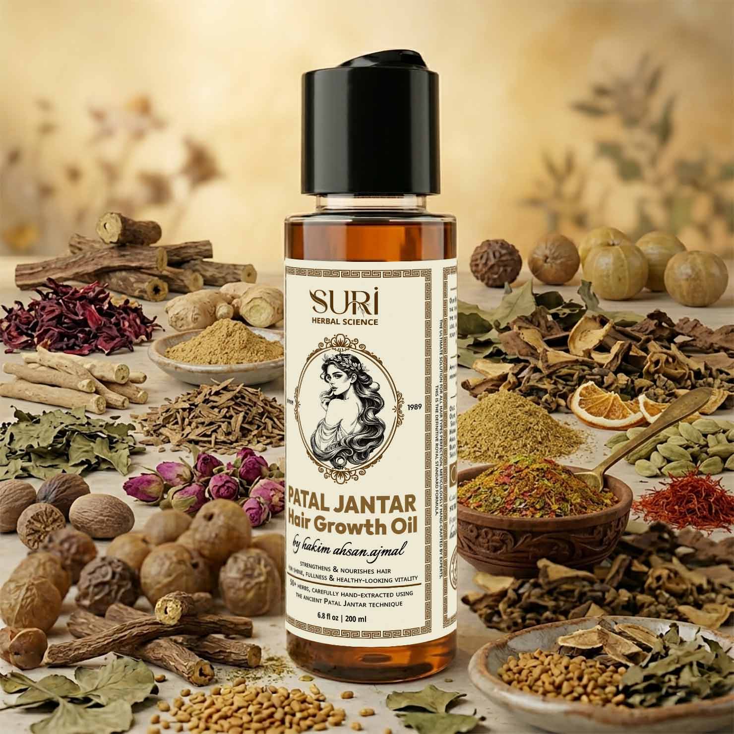 A high-resolution, top-down photograph showcasing SURI Herbal Science Patal Jantar Hair Growth Oil, surrounded by key traditional Ayurvedic botanical ingredients including amla fruits, licorice root, rosemary, and fenugreek seeds. The central focus is on the bottle’s distinctive label featuring an illustrative woman with abundant hair and detailed product information.