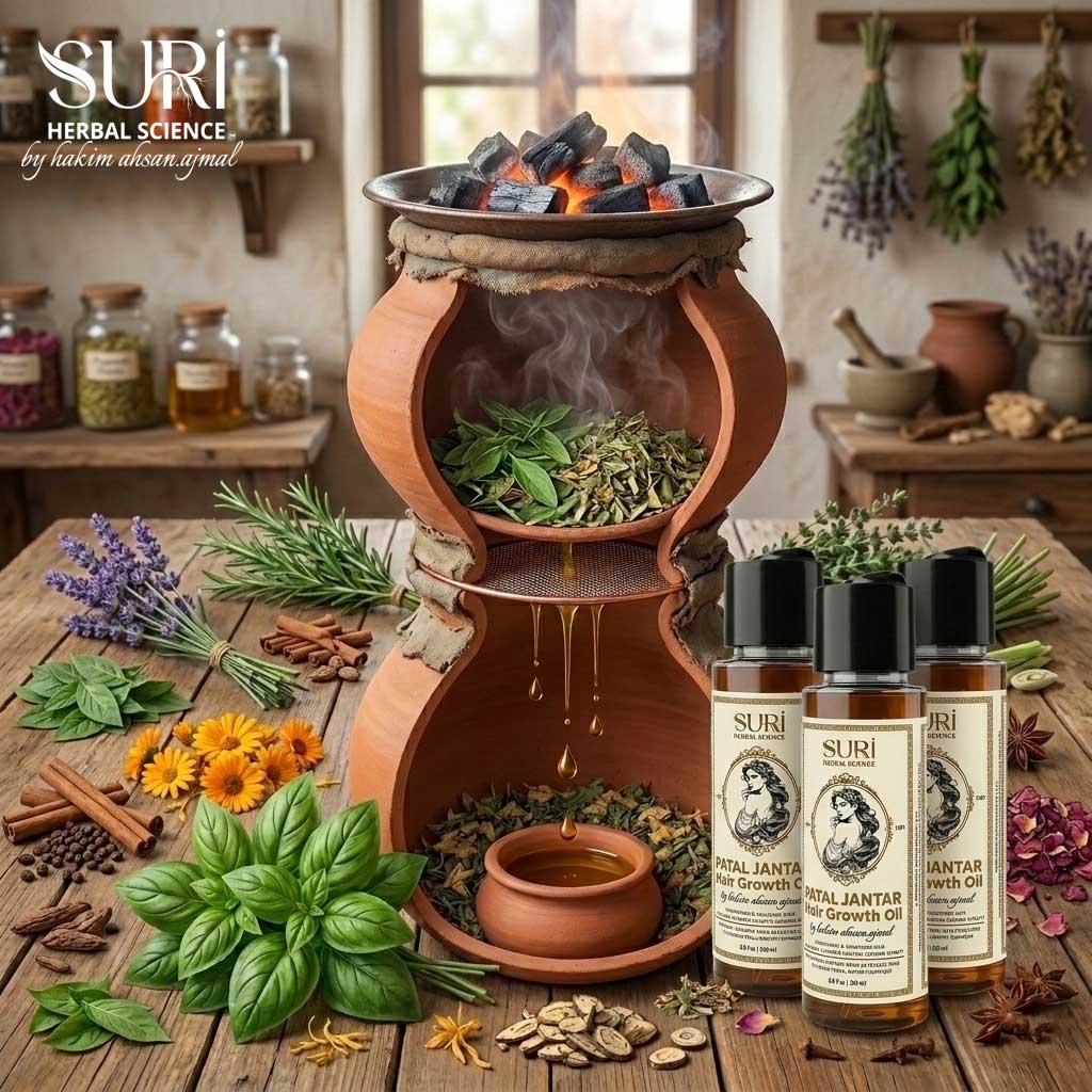 Three bottles of Suri Herbal Patal Jantar Hair Growth Oil placed on a wooden table next to an ancient clay Patal Jantar distillation apparatus with fresh herbs like basil, lavender, and rosemary.